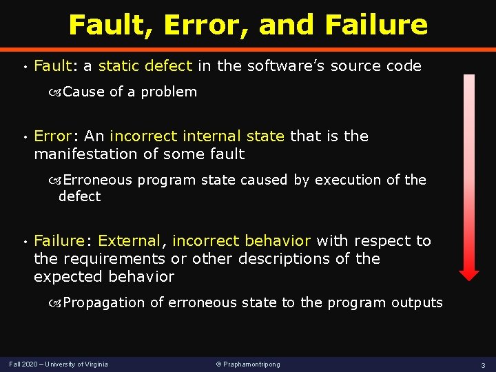 Fault, Error, and Failure • Fault: a static defect in the software’s source code