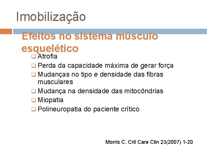 Imobilização Efeitos no sistema músculo esquelético q Atrofia q Perda da capacidade máxima de