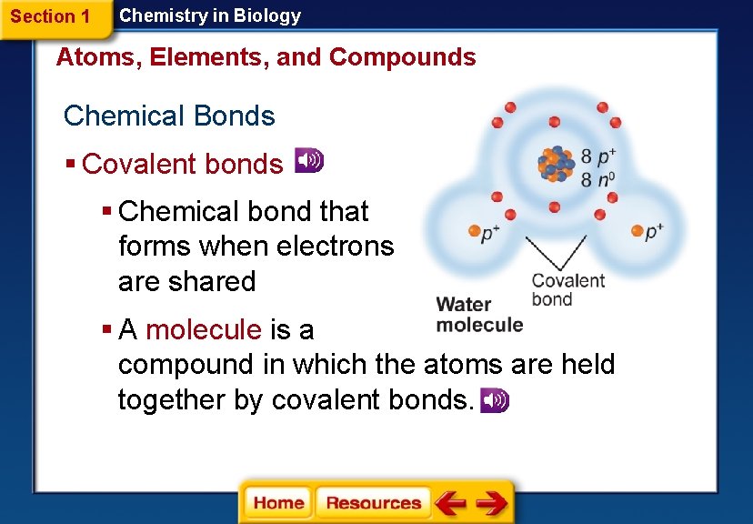 Section 1 Chemistry in Biology Atoms, Elements, and Compounds Chemical Bonds § Covalent bonds