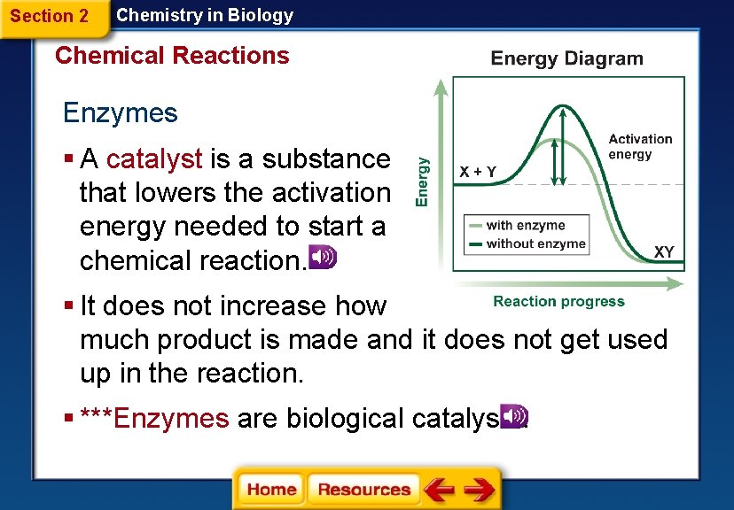 Section 2 Chemistry in Biology Chemical Reactions Enzymes § A catalyst is a substance