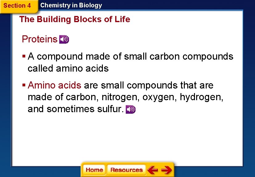 Section 4 Chemistry in Biology The Building Blocks of Life Proteins § A compound