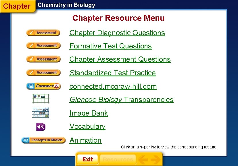Chapter Chemistry in Biology Chapter Resource Menu Chapter Diagnostic Questions Formative Test Questions Chapter