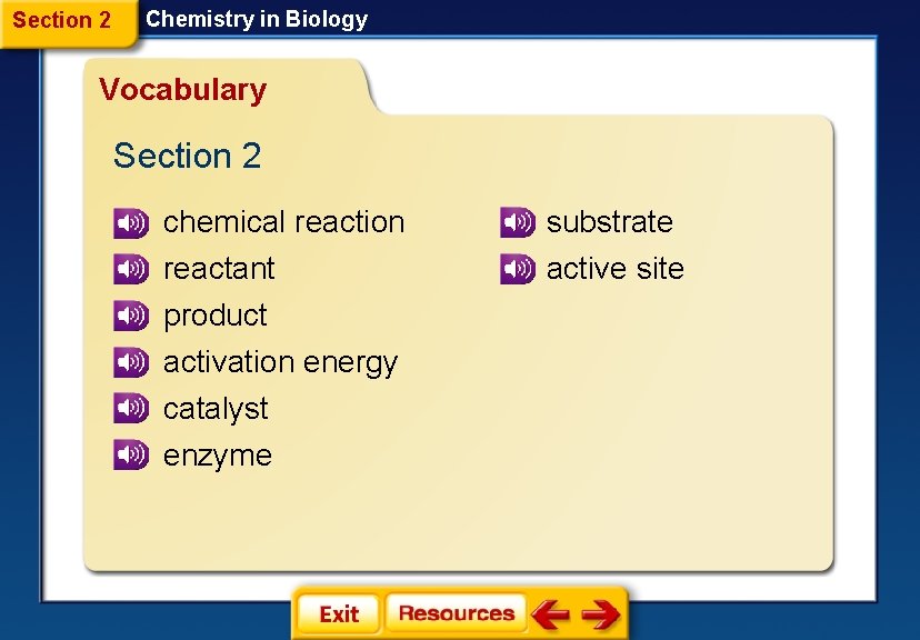 Section 2 Chemistry in Biology Vocabulary Section 2 chemical reaction substrate reactant product activation