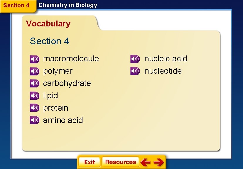 Section 4 Chemistry in Biology Vocabulary Section 4 macromolecule nucleic acid polymer carbohydrate lipid