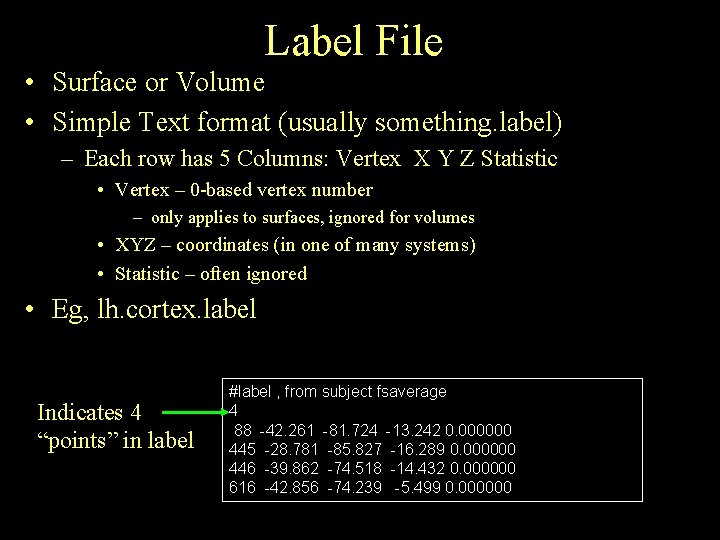 Label File • Surface or Volume • Simple Text format (usually something. label) –