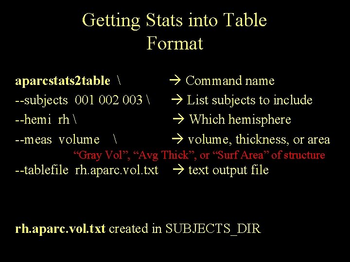 Getting Stats into Table Format aparcstats 2 table  --subjects 001 002 003 