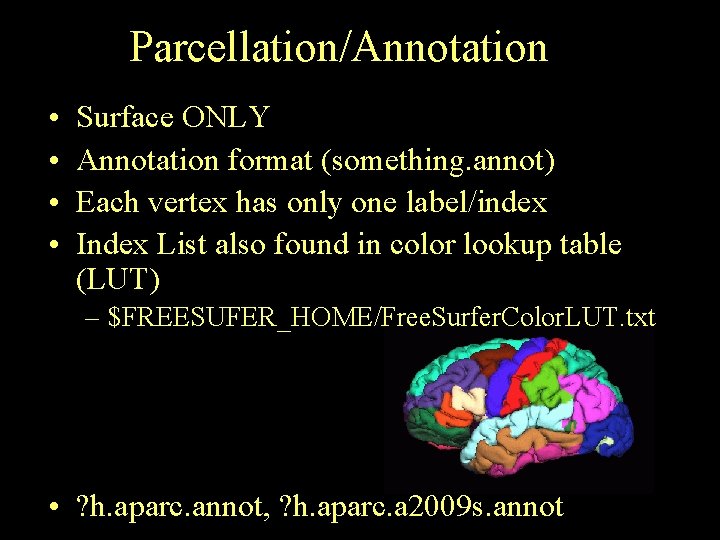 Parcellation/Annotation • • Surface ONLY Annotation format (something. annot) Each vertex has only one