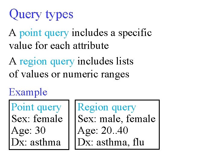Query types A point query includes a specific value for each attribute A region