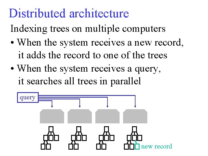 Distributed architecture Indexing trees on multiple computers • When the system receives a new