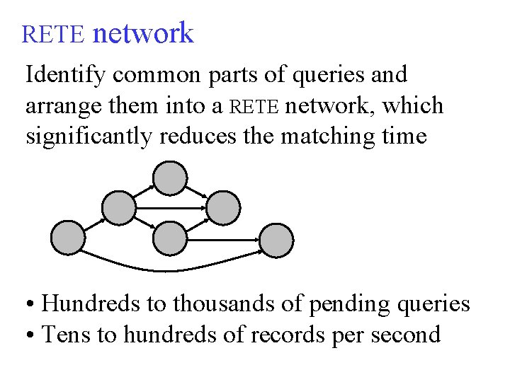 RETE network Identify common parts of queries and arrange them into a RETE network,