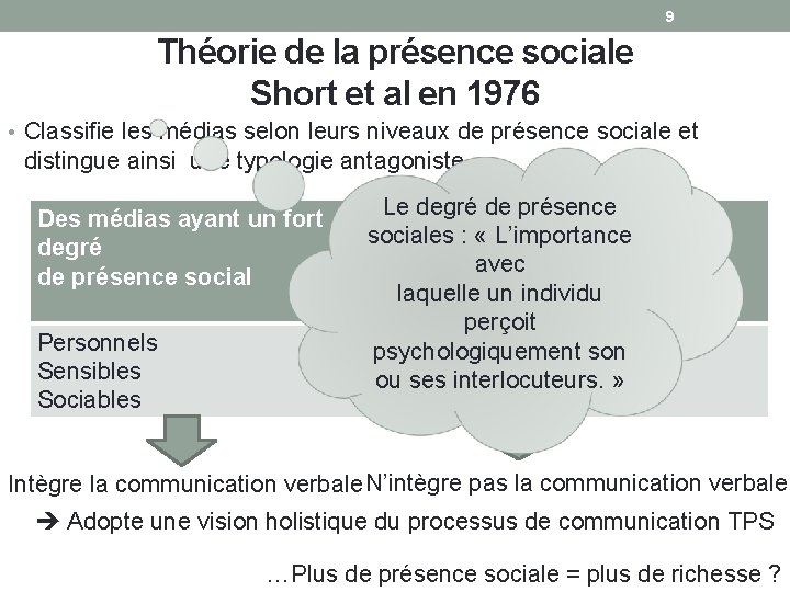 9 Théorie de la présence sociale Short et al en 1976 • Classifie les