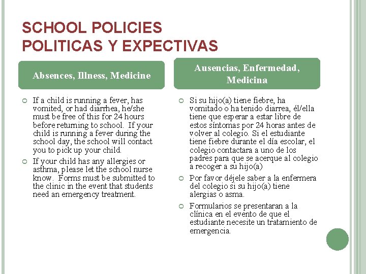 SCHOOL POLICIES POLITICAS Y EXPECTIVAS Ausencias, Enfermedad, Medicina Absences, Illness, Medicine If a child