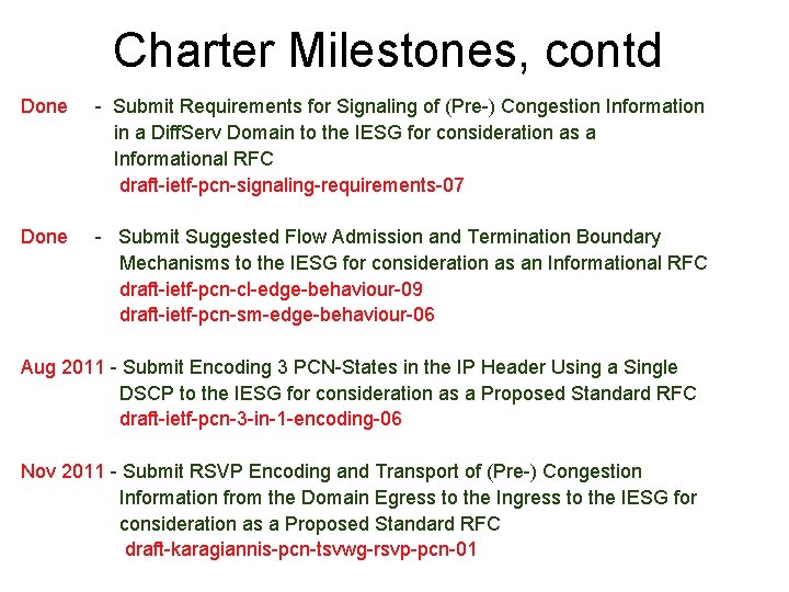 Charter Milestones, contd Done - Submit Requirements for Signaling of (Pre-) Congestion Information in Charter Milestones, contd Done - Submit Requirements for Signaling of (Pre-) Congestion Information in