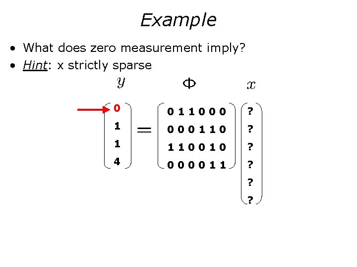 Example • What does zero measurement imply? • Hint: x strictly sparse 0 011000