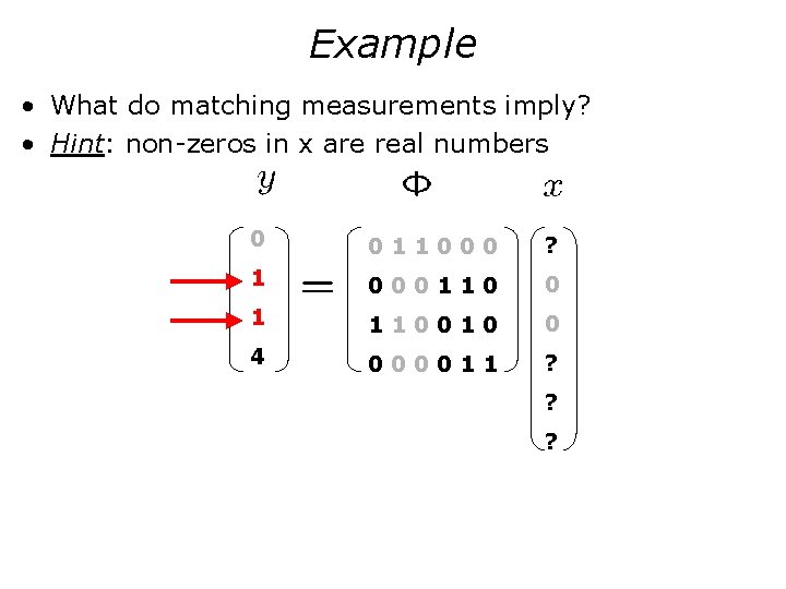 Example • What do matching measurements imply? • Hint: non-zeros in x are real
