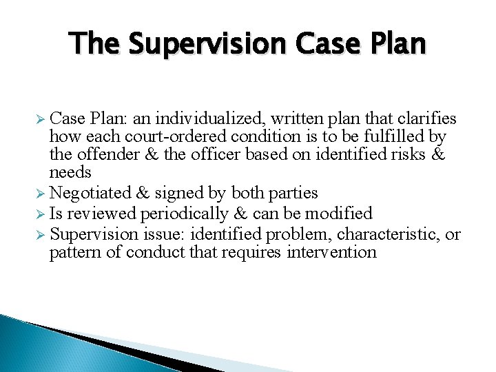 The Supervision Case Plan Ø Case Plan: an individualized, written plan that clarifies how