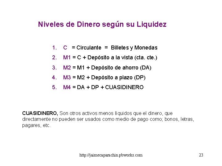Niveles de Dinero según su Liquidez 1. C = Circulante = Billetes y Monedas Niveles de Dinero según su Liquidez 1. C = Circulante = Billetes y Monedas