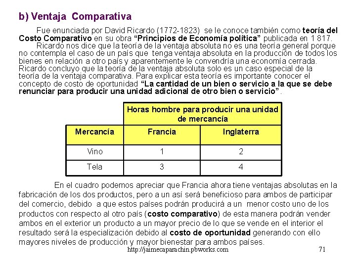 b) Ventaja Comparativa Fue enunciada por David Ricardo (1772 -1823) se le conoce también b) Ventaja Comparativa Fue enunciada por David Ricardo (1772 -1823) se le conoce también