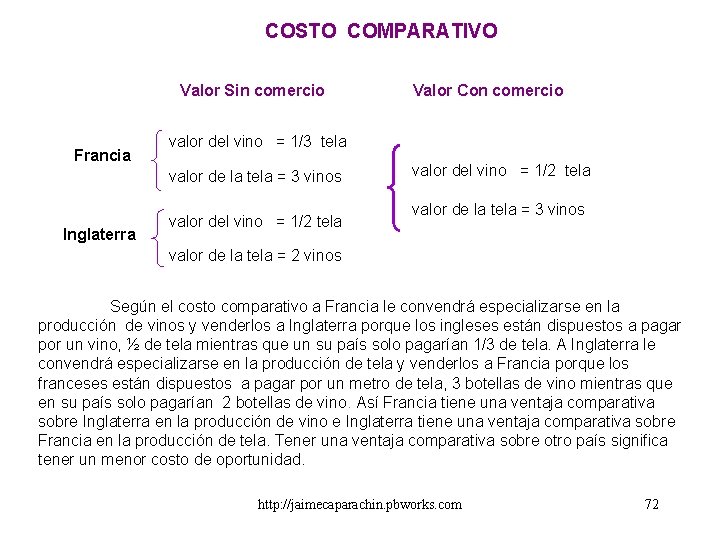COSTO COMPARATIVO Valor Sin comercio Francia valor del vino = 1/3 tela valor de COSTO COMPARATIVO Valor Sin comercio Francia valor del vino = 1/3 tela valor de