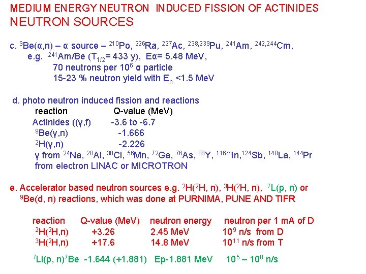 MEDIUM ENERGY NEUTRON INDUCED FISSION OF ACTINIDES NEUTRON SOURCES c. 9 Be(α, n) –
