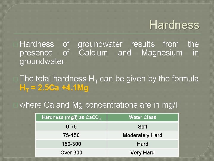 Hardness � Hardness of presence of groundwater results from the Calcium and Magnesium in