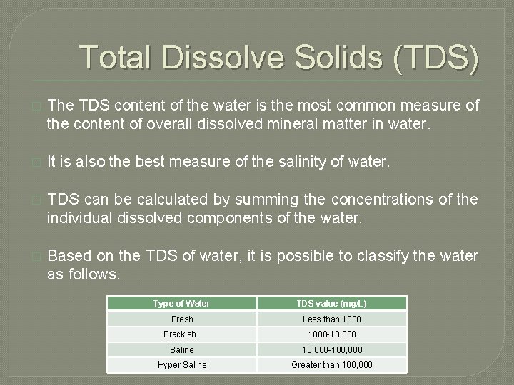 Total Dissolve Solids (TDS) � The TDS content of the water is the most