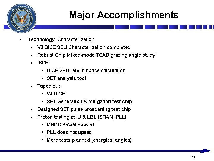 Major Accomplishments • Technology Characterization • V 3 DICE SEU Characterization completed • Robust Major Accomplishments • Technology Characterization • V 3 DICE SEU Characterization completed • Robust