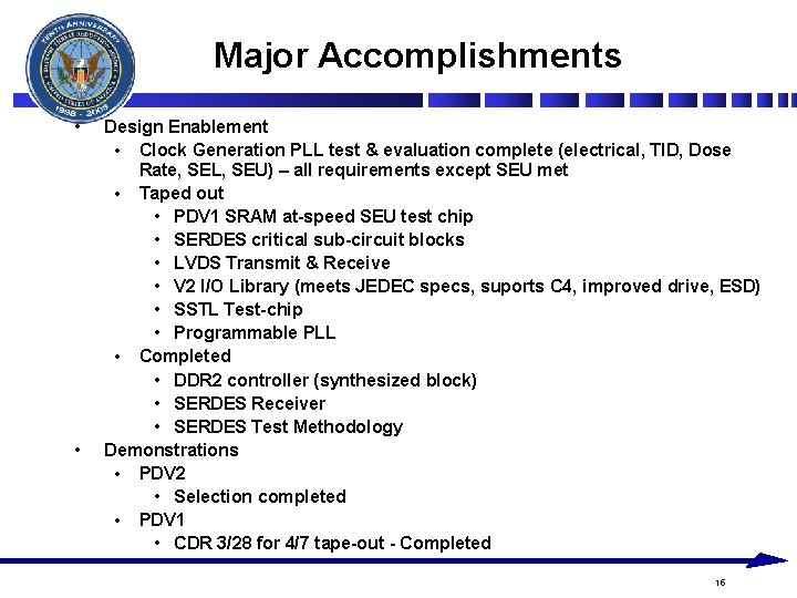 Major Accomplishments • • Design Enablement • Clock Generation PLL test & evaluation complete Major Accomplishments • • Design Enablement • Clock Generation PLL test & evaluation complete