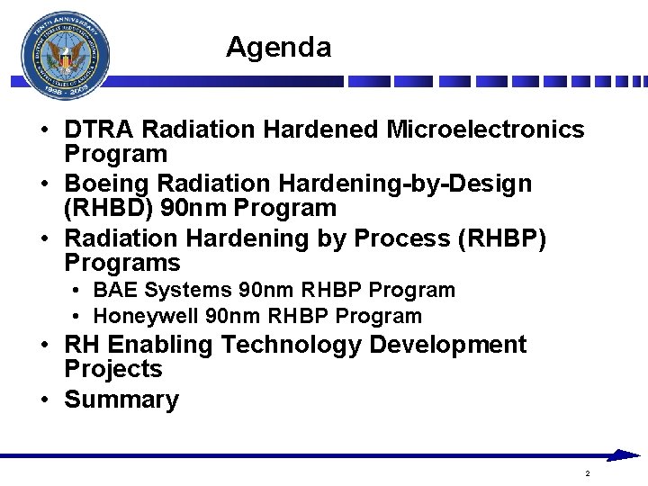 Agenda • DTRA Radiation Hardened Microelectronics Program • Boeing Radiation Hardening-by-Design (RHBD) 90 nm Agenda • DTRA Radiation Hardened Microelectronics Program • Boeing Radiation Hardening-by-Design (RHBD) 90 nm