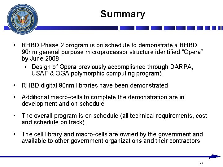Summary • RHBD Phase 2 program is on schedule to demonstrate a RHBD 90 Summary • RHBD Phase 2 program is on schedule to demonstrate a RHBD 90