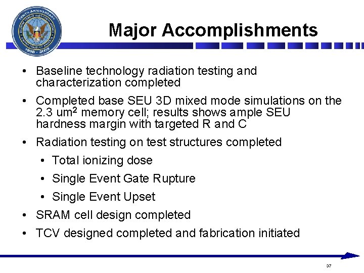 Major Accomplishments • Baseline technology radiation testing and characterization completed • Completed base SEU Major Accomplishments • Baseline technology radiation testing and characterization completed • Completed base SEU