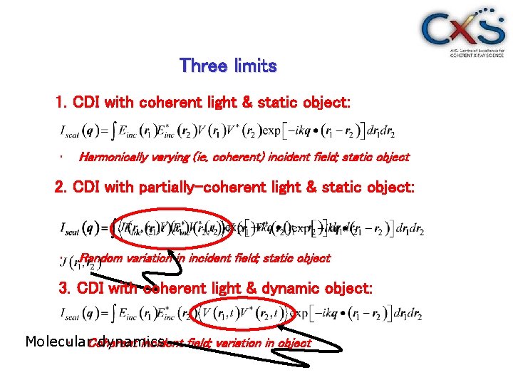 Three limits 1. CDI with coherent light & static object: • Harmonically varying (ie.
