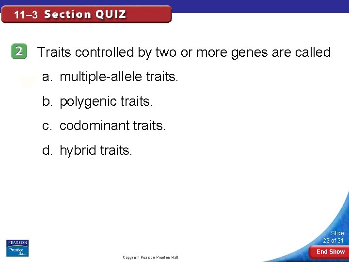 11– 3 Traits controlled by two or more genes are called a. multiple-allele traits.