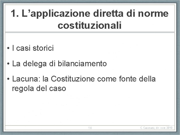1. L’applicazione diretta di norme costituzionali • I casi storici • La delega di 1. L’applicazione diretta di norme costituzionali • I casi storici • La delega di
