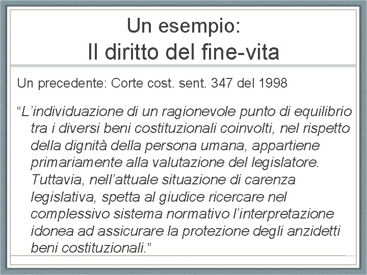 Un esempio: Il diritto del fine-vita Un precedente: Corte cost. sent. 347 del 1998 Un esempio: Il diritto del fine-vita Un precedente: Corte cost. sent. 347 del 1998