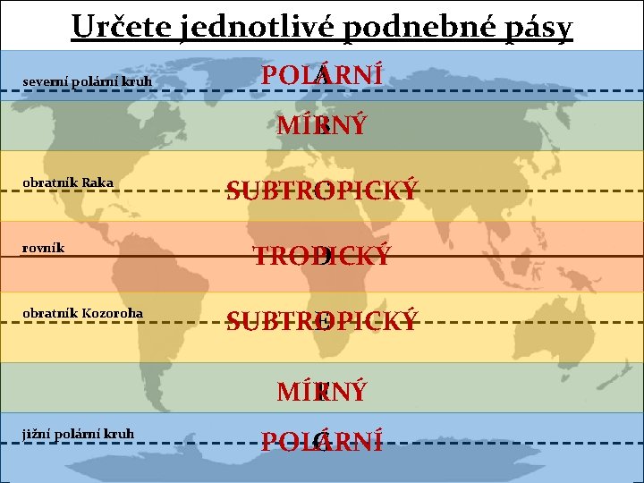 Určete jednotlivé podnebné pásy severní polární kruh POLÁRNÍ A MÍRNÝ B obratník Raka rovník
