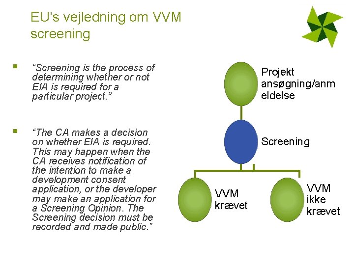 EU’s vejledning om VVM screening § “Screening is the process of determining whether or