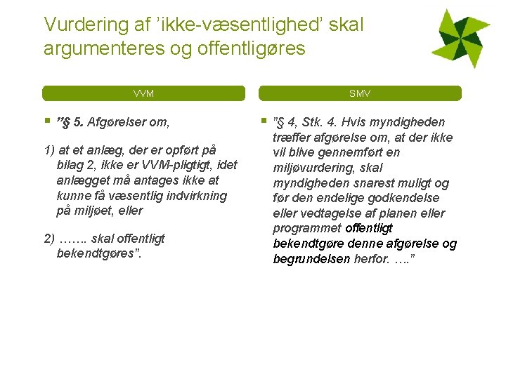 Vurdering af ’ikke-væsentlighed’ skal argumenteres og offentligøres VVM § ”§ 5. Afgørelser om, 1)