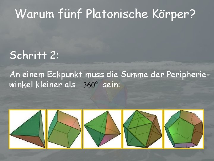 Warum fünf Platonische Körper? Schritt 2: An einem Eckpunkt muss die Summe der Peripheriewinkel