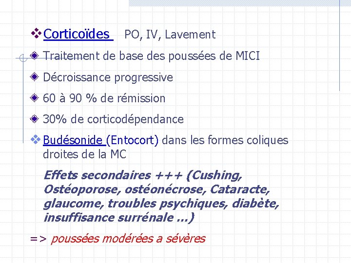 v. Corticoïdes PO, IV, Lavement Traitement de base des poussées de MICI Décroissance progressive