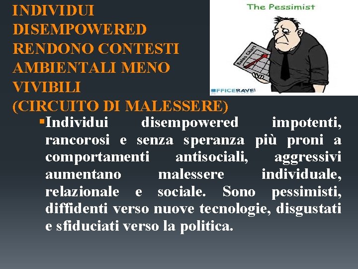 INDIVIDUI DISEMPOWERED RENDONO CONTESTI AMBIENTALI MENO VIVIBILI (CIRCUITO DI MALESSERE) §Individui disempowered impotenti, rancorosi INDIVIDUI DISEMPOWERED RENDONO CONTESTI AMBIENTALI MENO VIVIBILI (CIRCUITO DI MALESSERE) §Individui disempowered impotenti, rancorosi