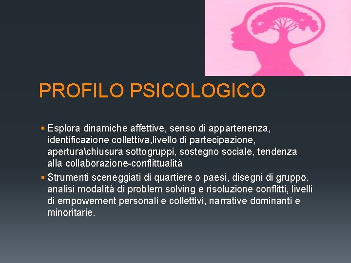PROFILO PSICOLOGICO § Esplora dinamiche affettive, senso di appartenenza, identificazione collettiva, livello di partecipazione, PROFILO PSICOLOGICO § Esplora dinamiche affettive, senso di appartenenza, identificazione collettiva, livello di partecipazione,
