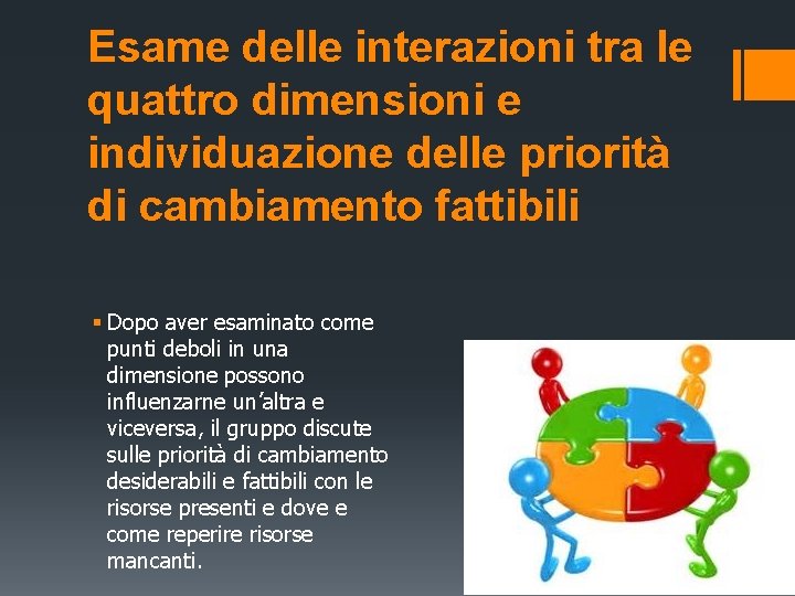Esame delle interazioni tra le quattro dimensioni e individuazione delle priorità di cambiamento fattibili Esame delle interazioni tra le quattro dimensioni e individuazione delle priorità di cambiamento fattibili