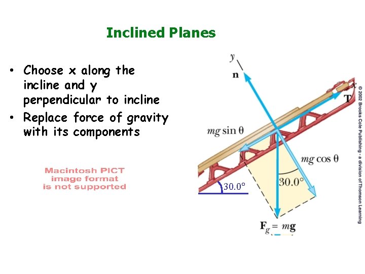 Inclined Planes • Choose x along the incline and y perpendicular to incline •