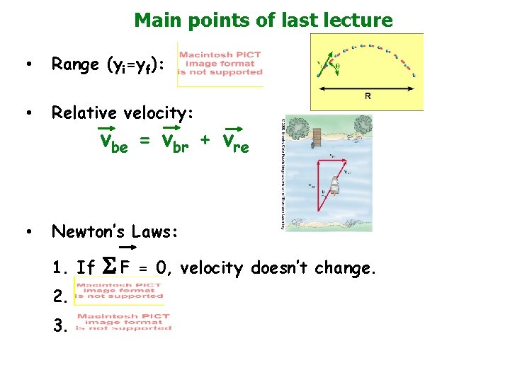 Main points of last lecture • Range (yi=yf): • Relative velocity: • Newton’s Laws: