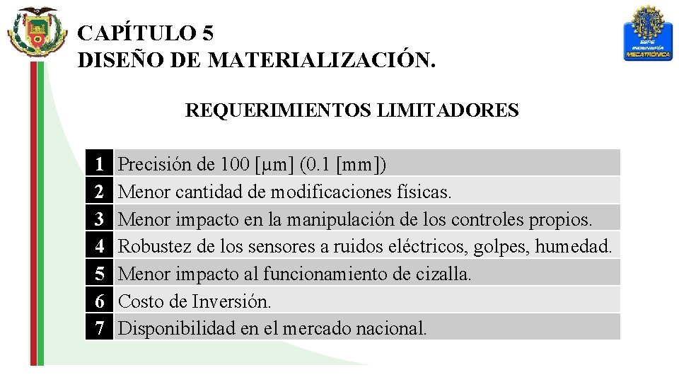 CAPÍTULO 5 DISEÑO DE MATERIALIZACIÓN. REQUERIMIENTOS LIMITADORES 1 2 3 4 5 6 7