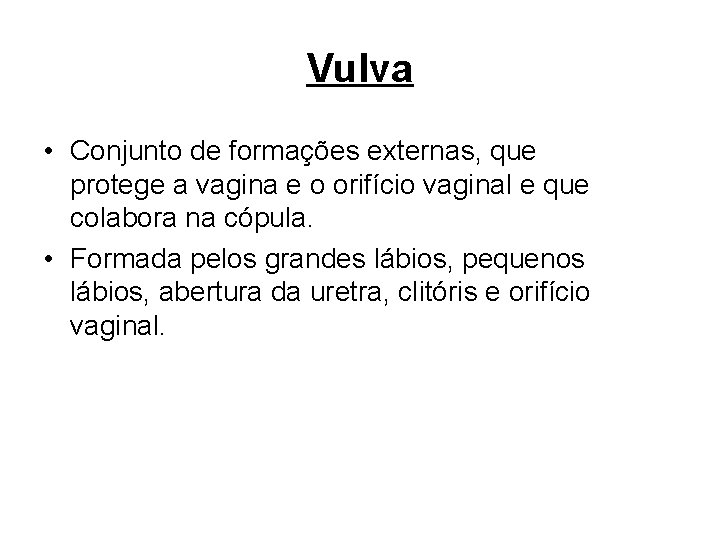 Vulva • Conjunto de formações externas, que protege a vagina e o orifício vaginal