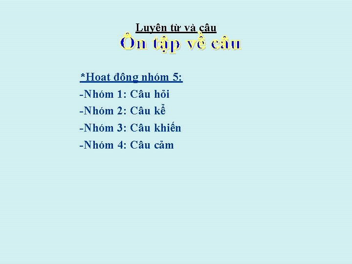 Luyện từ và câu *Hoạt động nhóm 5: -Nhóm 1: Câu hỏi -Nhóm 2: