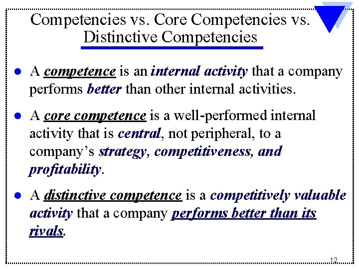 Competencies vs. Core Competencies vs. Distinctive Competencies l A competence is an internal activity
