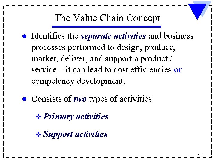 The Value Chain Concept l Identifies the separate activities and business processes performed to